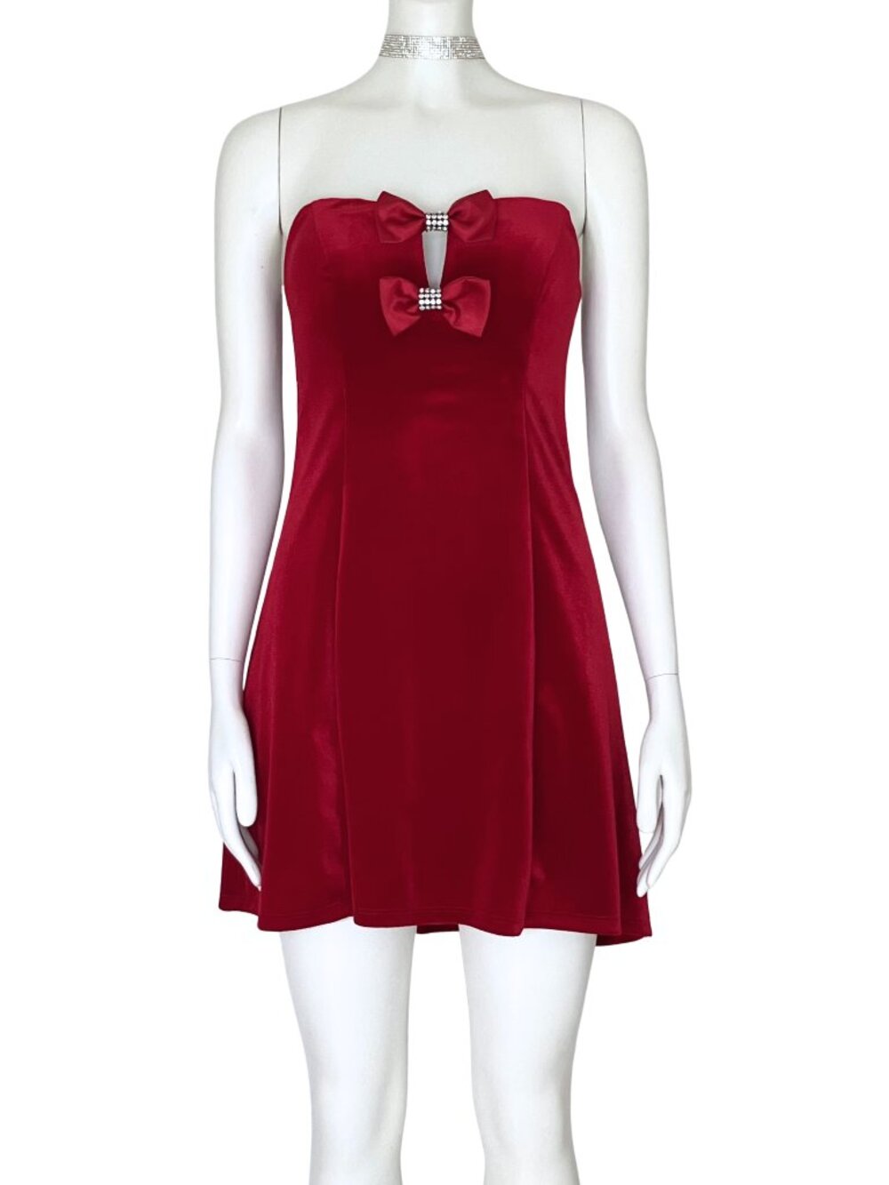 Red Velvet Strapless Mini Cocktail Party Dress Bows Rhinestone. S/M. Retro